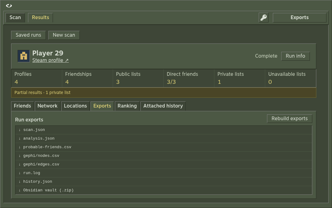 Exports view with fixture profiles