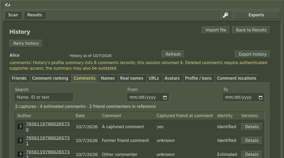 History viewer with local fixture profiles