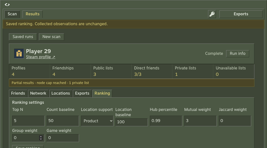 Ranking tab with fixture data